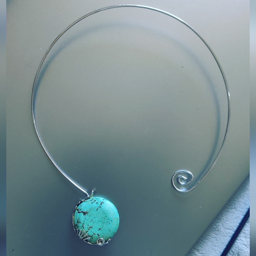 Turquoise Stone Silver Choker Necklace - Unbranded 85$